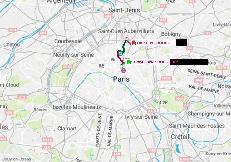 plan itinéraire ratp de Strasbourg-Saint-Denis à Front Populaire
