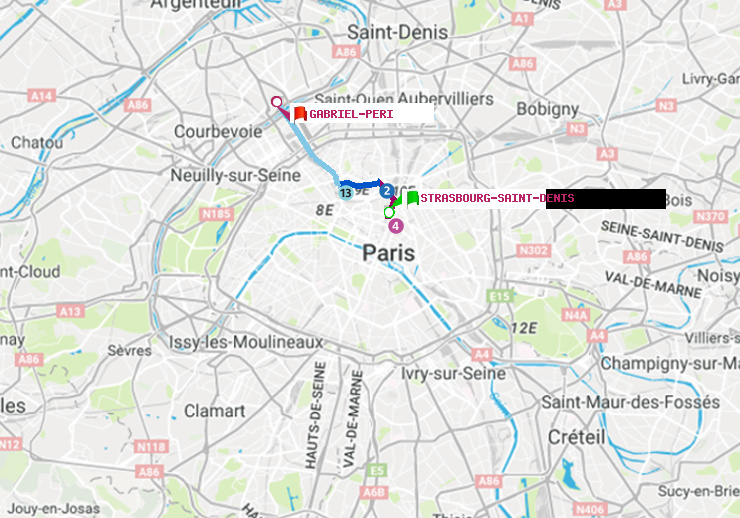 plan itinéraire ratp de Strasbourg-Saint-Denis à Gabriel-Péri