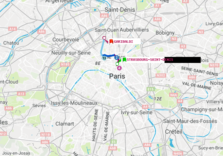 plan itinéraire ratp de Strasbourg-Saint-Denis à Garibaldi