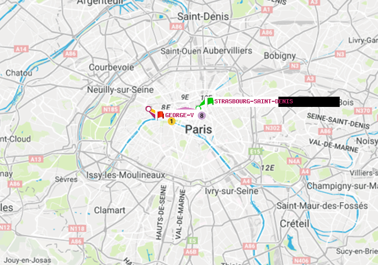 plan itinéraire ratp de Strasbourg-Saint-Denis à George V