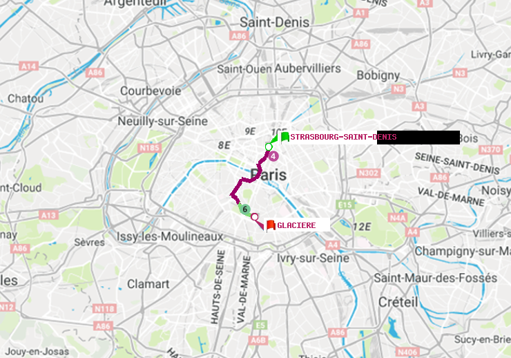 plan itinéraire ratp de Strasbourg-Saint-Denis à Glacière