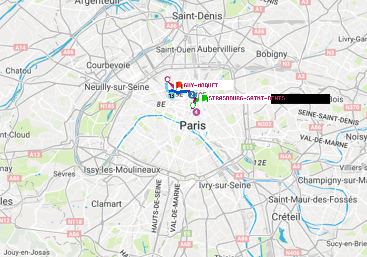 plan itinéraire ratp de Strasbourg-Saint-Denis à Guy-Môquet