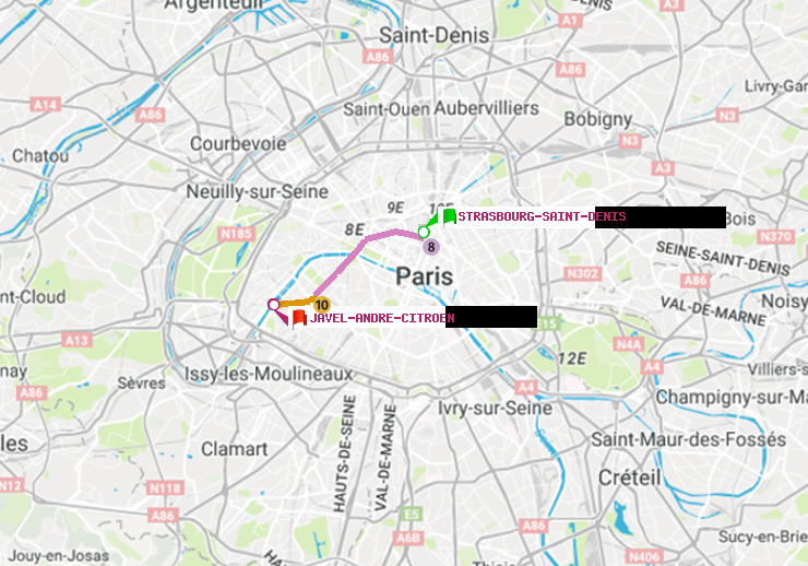 plan itinéraire ratp de Strasbourg-Saint-Denis à Javel-André-Citroen