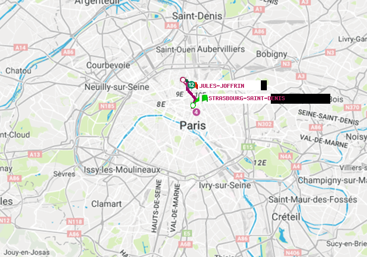 plan itinéraire ratp de Strasbourg-Saint-Denis à Jules Joffrin