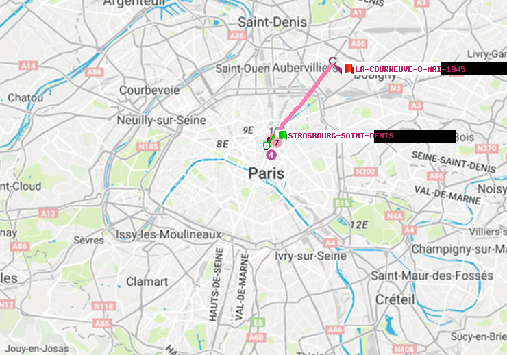 plan itinéraire ratp de Strasbourg-Saint-Denis à La Courneuve-8-Mai-1945