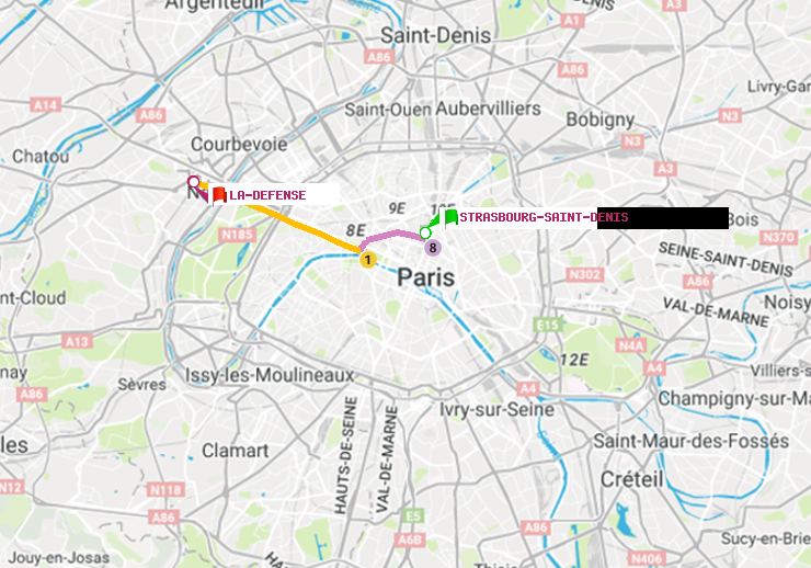 plan itinéraire ratp de Strasbourg-Saint-Denis à La Défense (Grande Arche)