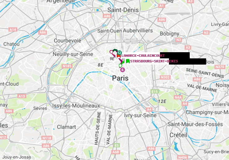 plan itinéraire ratp de Strasbourg-Saint-Denis à Lamarck-Caulaincourt