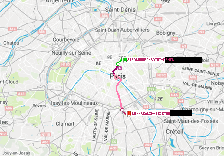 plan itinéraire ratp de Strasbourg-Saint-Denis à Le Kremlin-Bicêtre