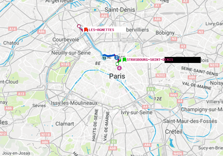 plan itinéraire ratp de Strasbourg-Saint-Denis à Les Agnettes