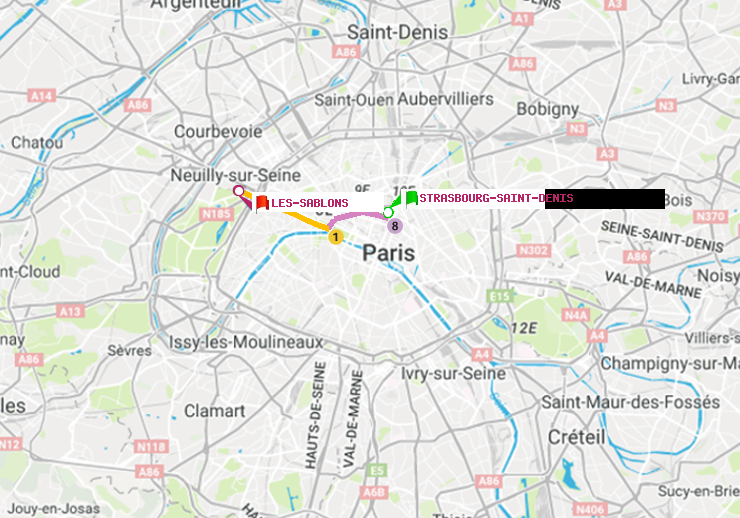 plan itinéraire ratp de Strasbourg-Saint-Denis à Les Sablons (Jardin d