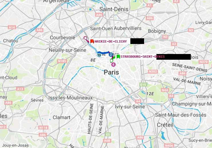 plan itinéraire ratp de Strasbourg-Saint-Denis à Mairie de Clichy