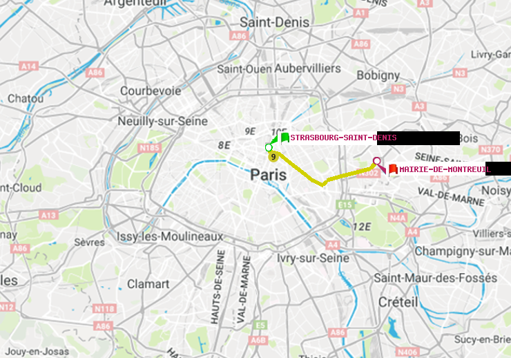 plan itinéraire ratp de Strasbourg-Saint-Denis à Mairie de Montreuil
