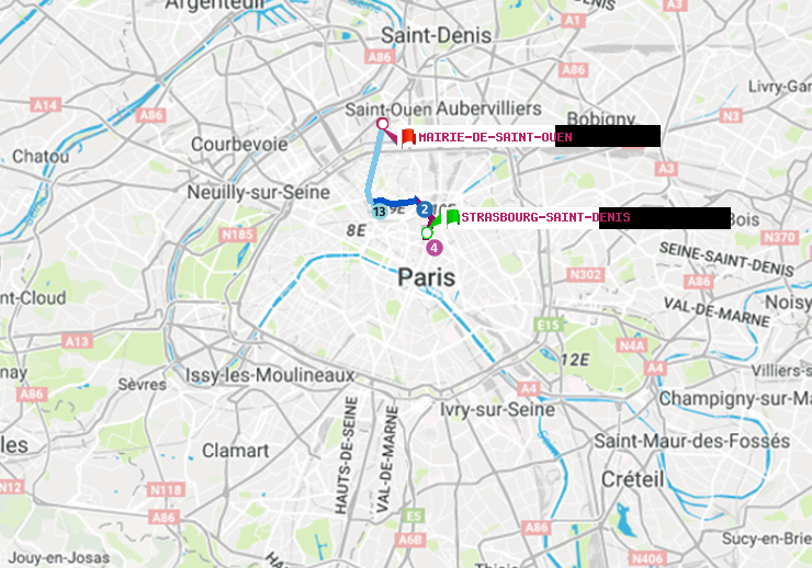 plan itinéraire ratp de Strasbourg-Saint-Denis à Mairie de Saint-Ouen