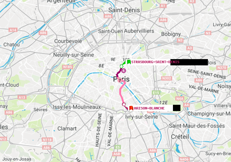 plan itinéraire ratp de Strasbourg-Saint-Denis à Maison Blanche