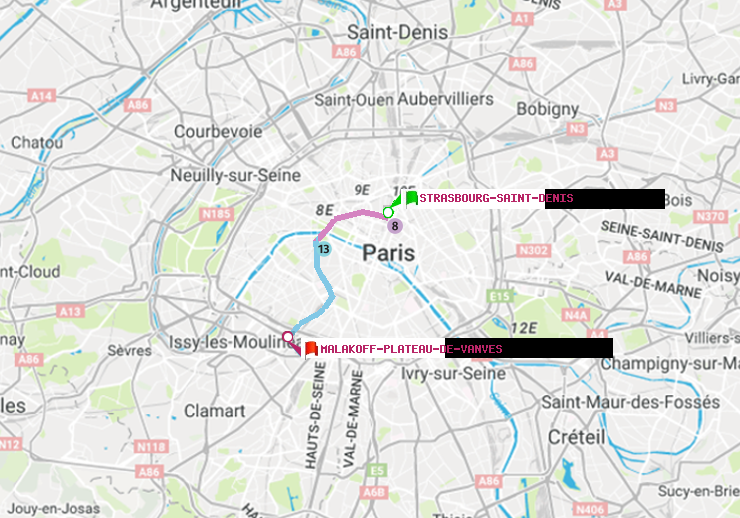plan itinéraire ratp de Strasbourg-Saint-Denis à Malakoff-Plateau de Vanves
