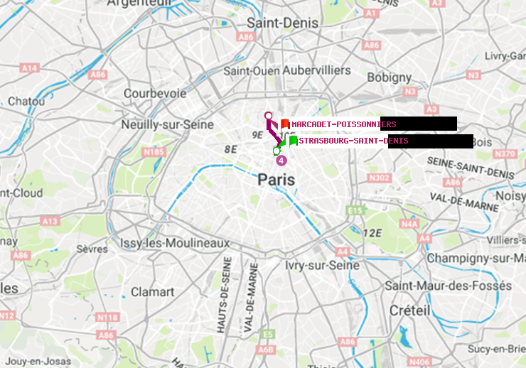 plan itinéraire ratp de Strasbourg-Saint-Denis à Marcadet-Poissonniers
