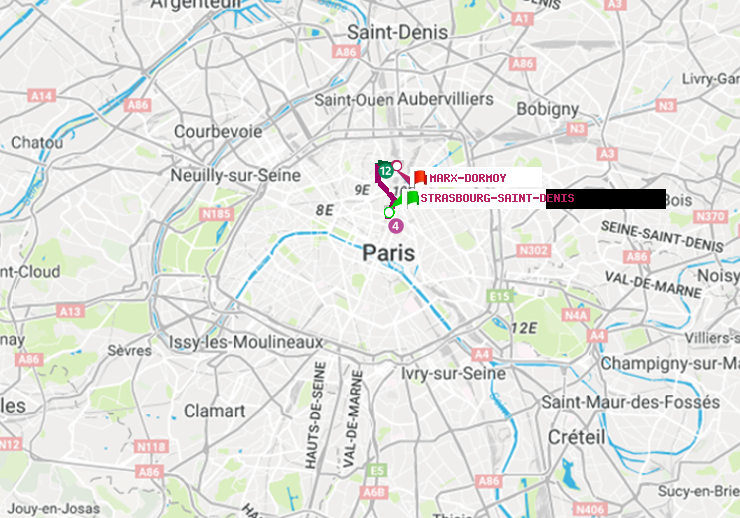 plan itinéraire ratp de Strasbourg-Saint-Denis à Marx-Dormoy