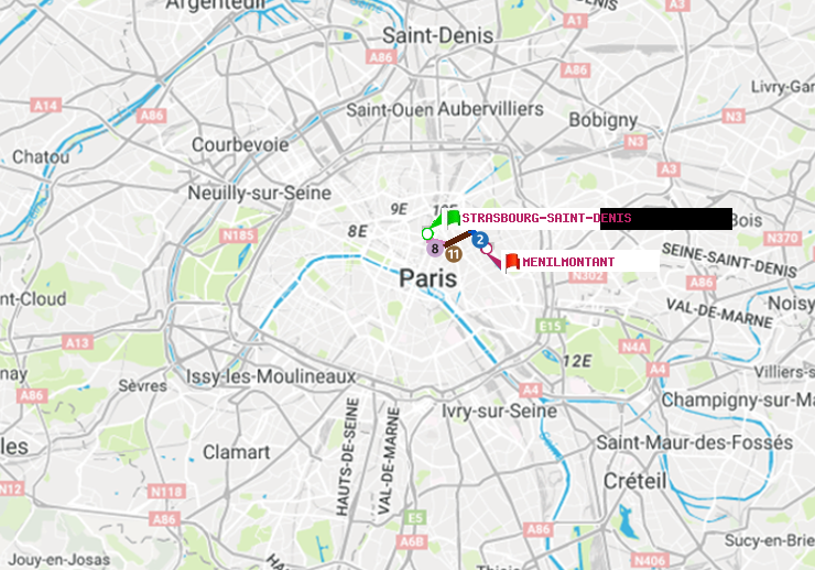 plan itinéraire ratp de Strasbourg-Saint-Denis à Ménilmontant
