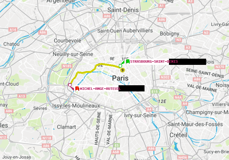 plan itinéraire ratp de Strasbourg-Saint-Denis à Michel-Ange-Auteuil