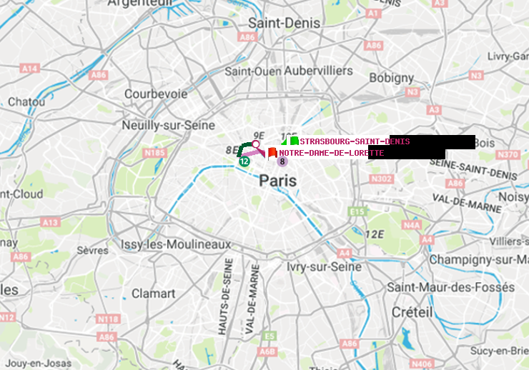 plan itinéraire ratp de Strasbourg-Saint-Denis à Notre-Dame de Lorette