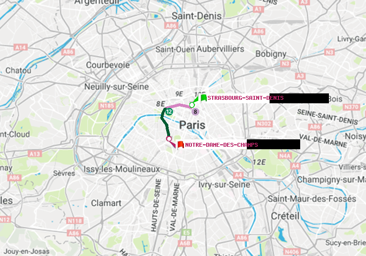 plan itinéraire ratp de Strasbourg-Saint-Denis à Notre-Dame des Champs