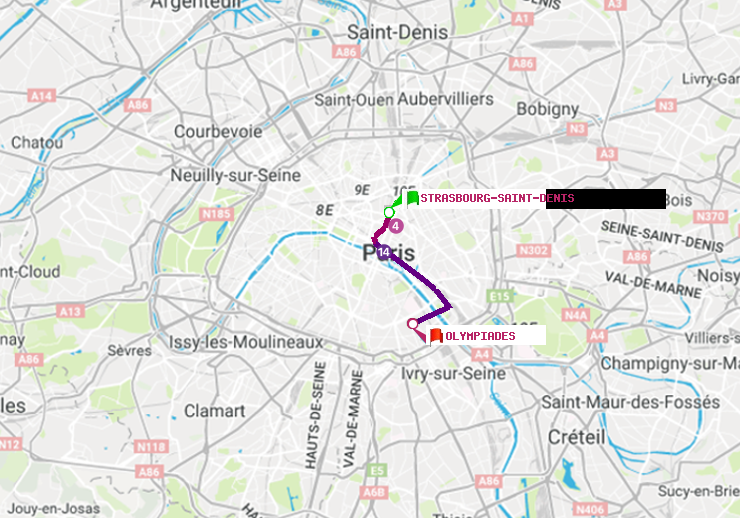 plan itinéraire ratp de Strasbourg-Saint-Denis à Olympiades