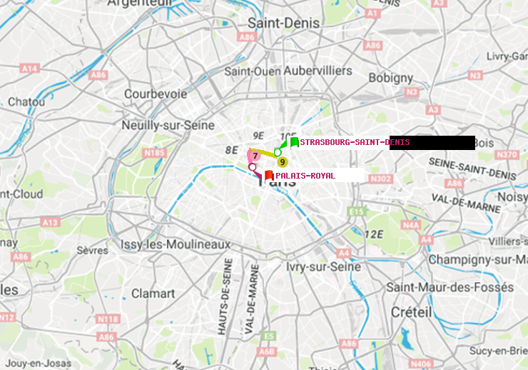 plan itinéraire ratp de Strasbourg-Saint-Denis à Palais-Royal (Musée du Louvre)