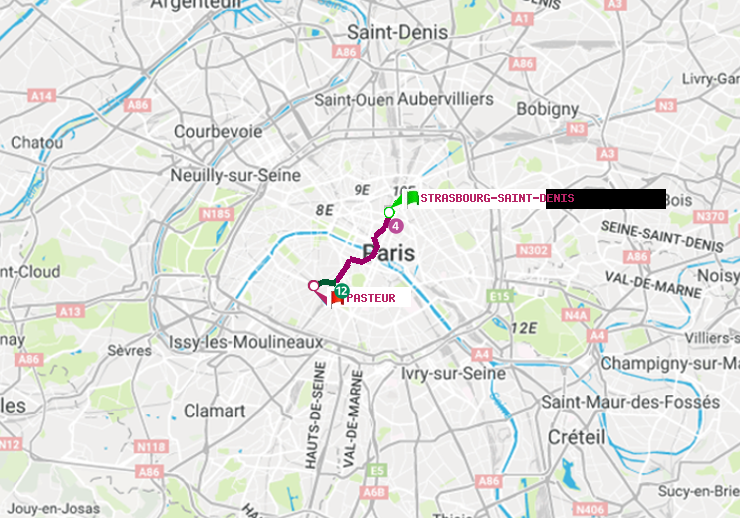 plan itinéraire ratp de Strasbourg-Saint-Denis à Pasteur