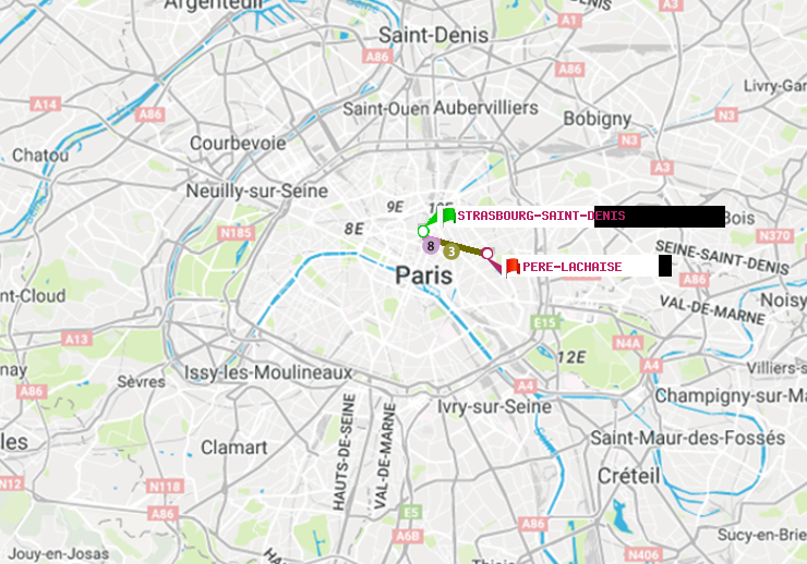 plan itinéraire ratp de Strasbourg-Saint-Denis à Père-Lachaise