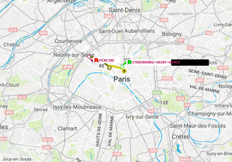 plan itinéraire ratp de Strasbourg-Saint-Denis à Péreire