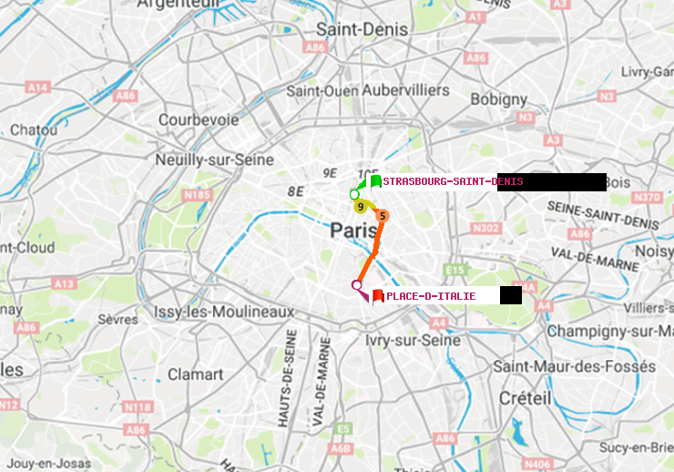 plan itinéraire ratp de Strasbourg-Saint-Denis à Place d