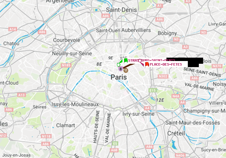 plan itinéraire ratp de Strasbourg-Saint-Denis à Place des Fêtes
