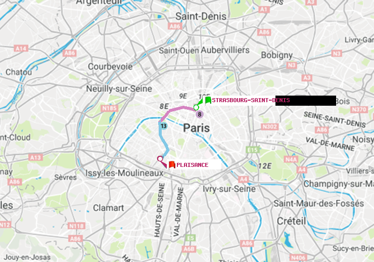 plan itinéraire ratp de Strasbourg-Saint-Denis à Plaisance