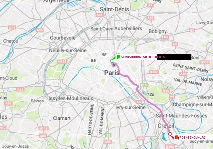 plan itinéraire ratp de Strasbourg-Saint-Denis à Pointe du Lac