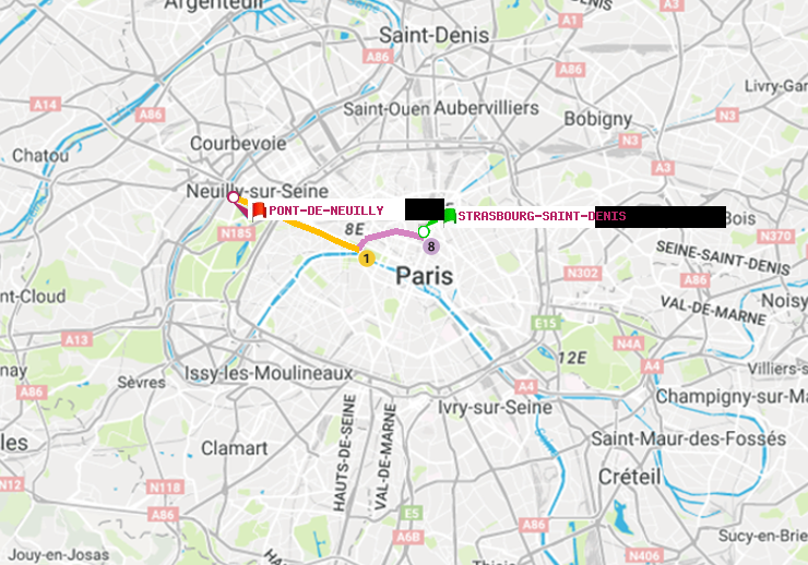 plan itinéraire ratp de Strasbourg-Saint-Denis à Pont de Neuilly