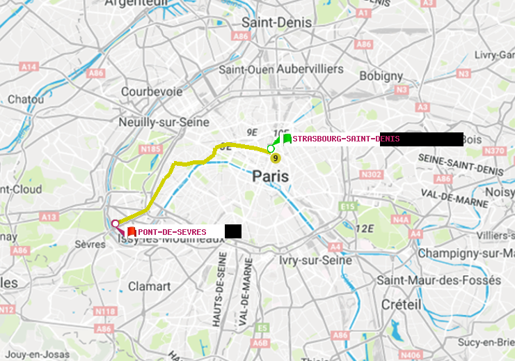 plan itinéraire ratp de Strasbourg-Saint-Denis à Pont de Sèvres