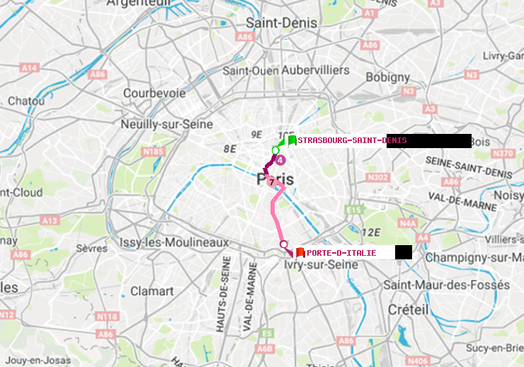 plan itinéraire ratp de Strasbourg-Saint-Denis à Porte d