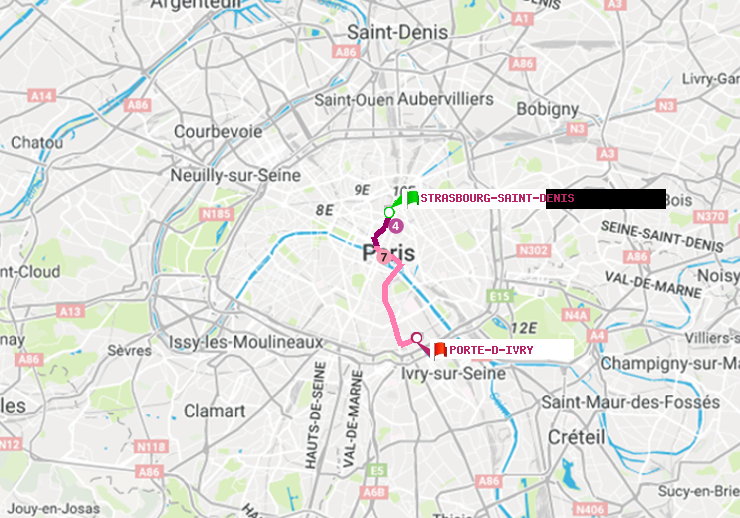 plan itinéraire ratp de Strasbourg-Saint-Denis à Porte d