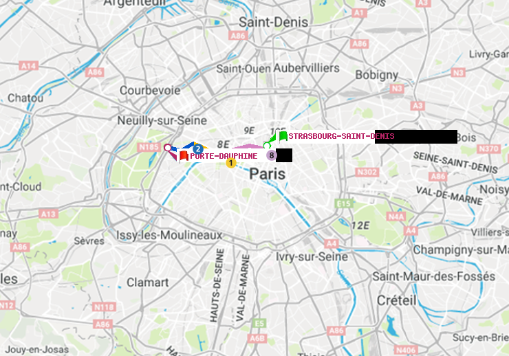 plan itinéraire ratp de Strasbourg-Saint-Denis à Porte Dauphine (Maréchal de Lattre de Tassigny)