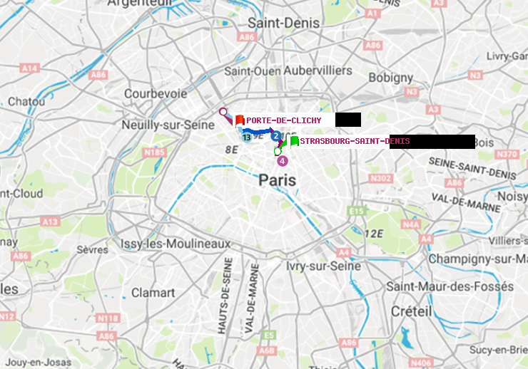 plan itinéraire ratp de Strasbourg-Saint-Denis à Porte de Clichy