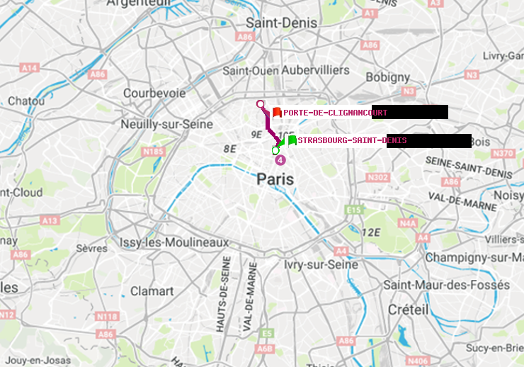 plan itinéraire ratp de Strasbourg-Saint-Denis à Porte de Clignancourt