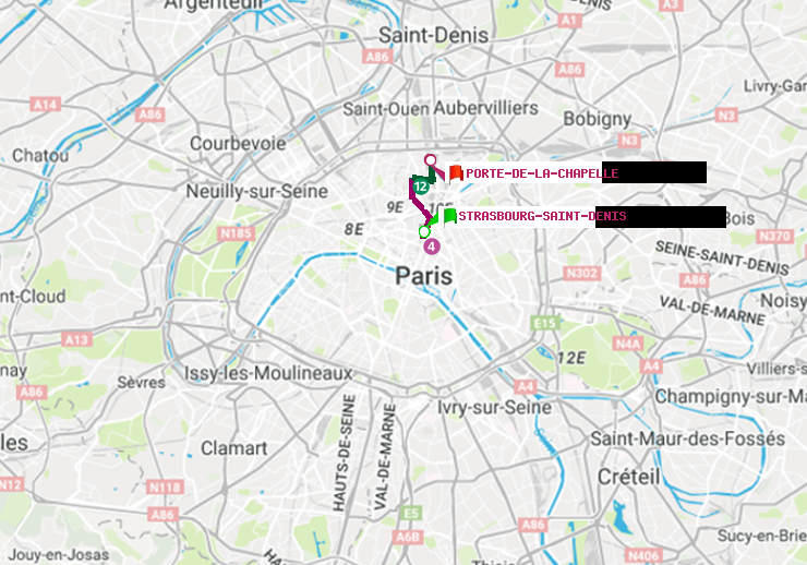 plan itinéraire ratp de Strasbourg-Saint-Denis à Porte de la Chapelle