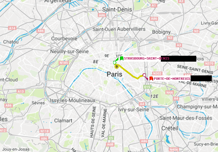 plan itinéraire ratp de Strasbourg-Saint-Denis à Porte de Montreuil
