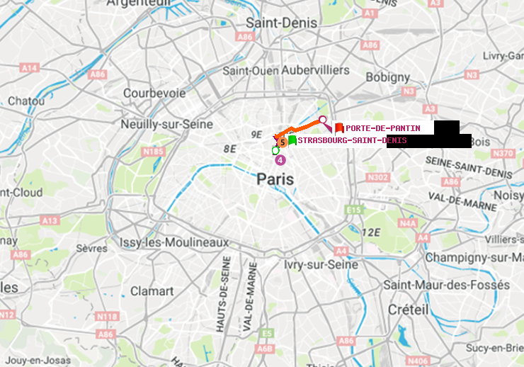 plan itinéraire ratp de Strasbourg-Saint-Denis à Porte de Pantin