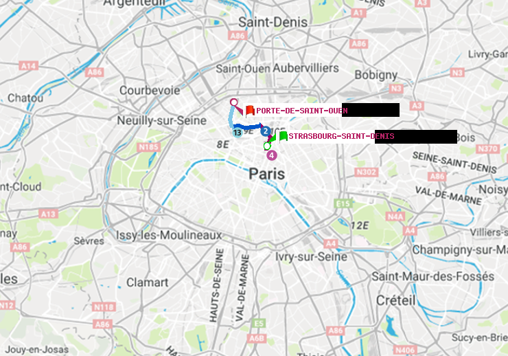 plan itinéraire ratp de Strasbourg-Saint-Denis à Porte de Saint-Ouen