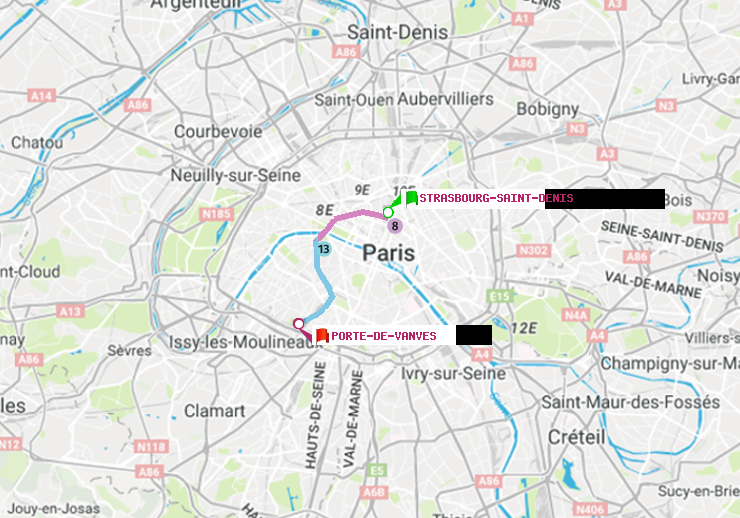 plan itinéraire ratp de Strasbourg-Saint-Denis à Porte de Vanves