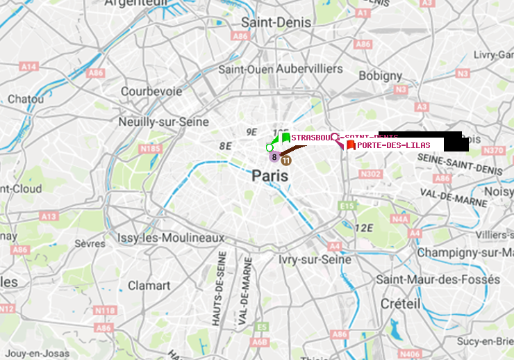 plan itinéraire ratp de Strasbourg-Saint-Denis à Porte des Lilas