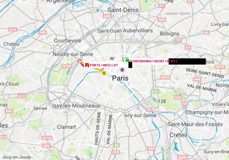 plan itinéraire ratp de Strasbourg-Saint-Denis à Porte Maillot