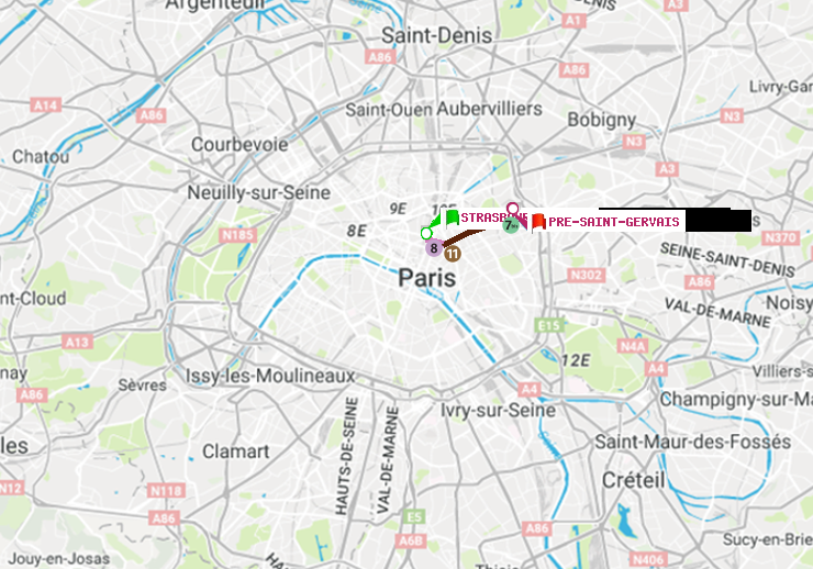 plan itinéraire ratp de Strasbourg-Saint-Denis à Pré-Saint-Gervais