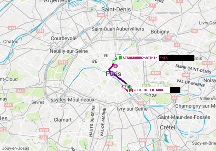 plan itinéraire ratp de Strasbourg-Saint-Denis à Quai de la Gare